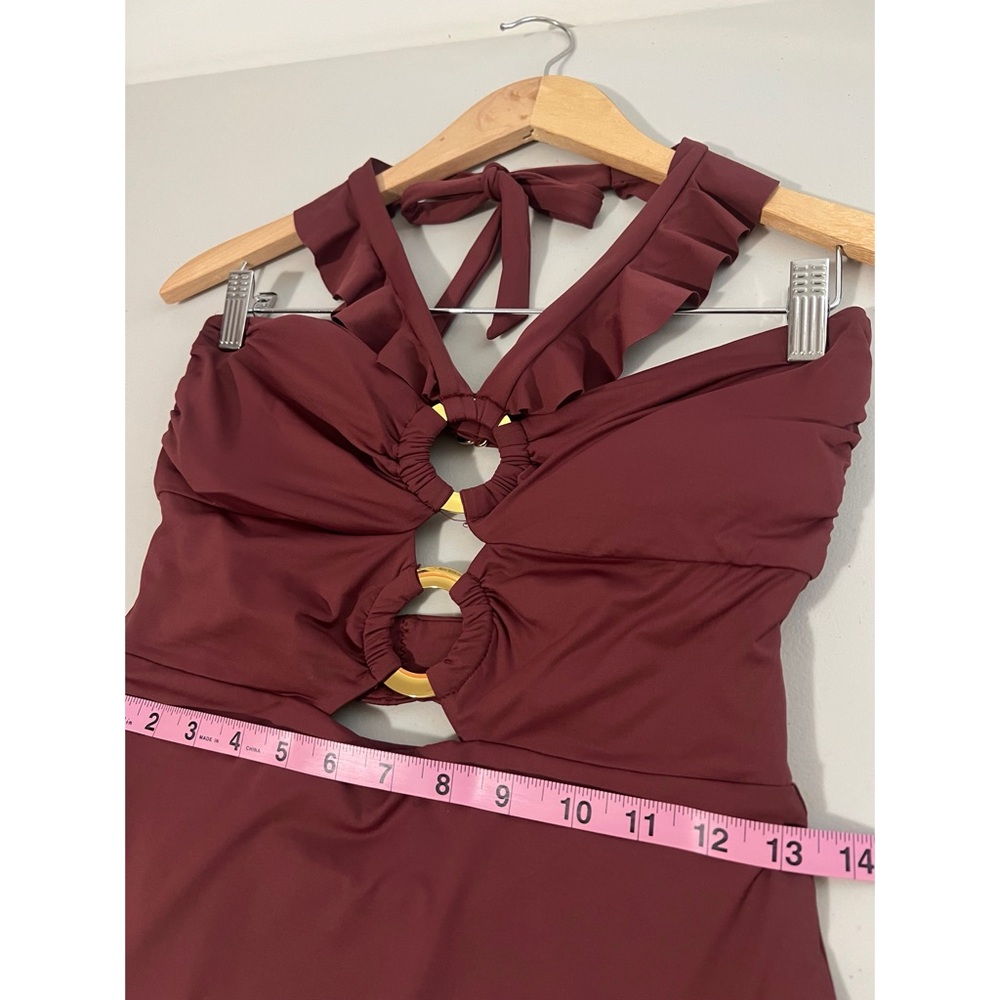 Soluna Swim Brown Buckle Up One Piece Bandeau Swimsuit Cut Out Neckline Size XL - Picture 4 of 10